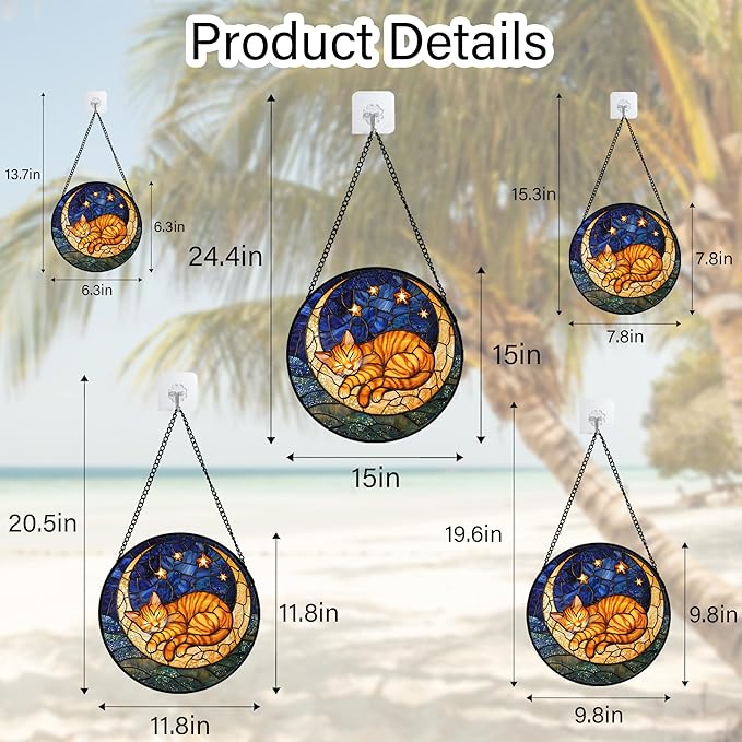Stained Glass Window Hanging - Orange Moon Sleeping Cat Sun Catcher for Door Home Decor Blue Starry Sky Suncatcher Christmas Mother's Day Birthday Gifts for Women Men Mom Nana 11.8 in