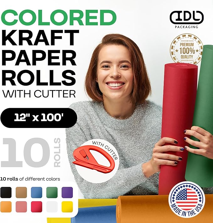 Assorted Colors Kraft Paper with Cutter, Set of 10 Rolls 12" x 1200" (100 ft) - USA-Made Natural Multi-Color Construction Paper for Kids' Crafts, School & DIY Projects, Gift Wrapping by IDL Packaging