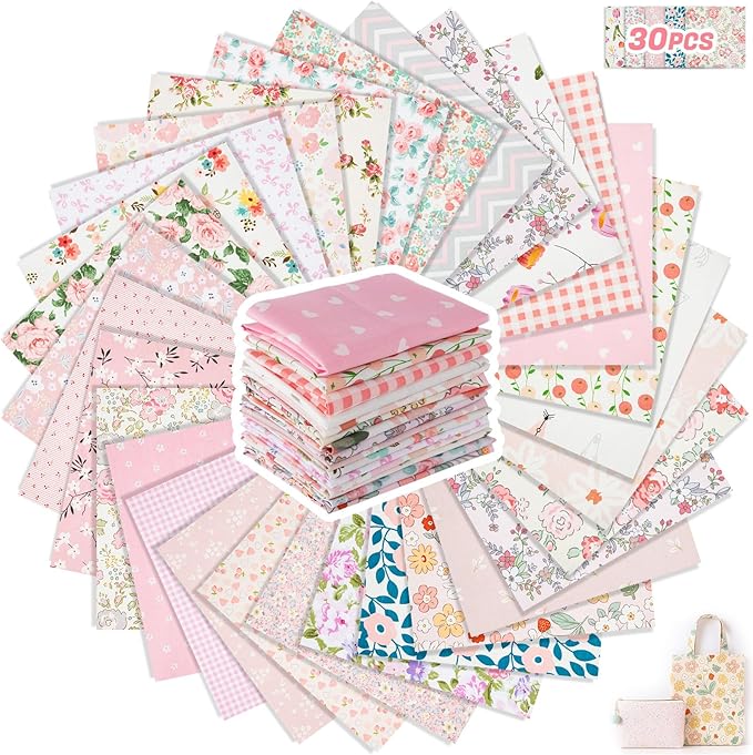 30 Pieces 10 x 10 Inches Cotton Fabric Bundle Squares Patchwork Floral Fabric Sewing Quilting Bundles Assorted Pattern Cloth for DIY Scrapbook Craft Making(Sweet)