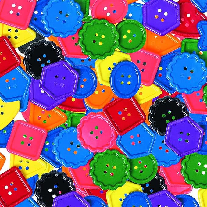 Fun Express Jumbo Buttons for Crafts Bulk Set - 94 Extra Large Plastic 8 Vivid Colors & Shapes | 2 Inch Big Buttons for Kids Classroom Activities, Sorting Games & DIY Art Projects