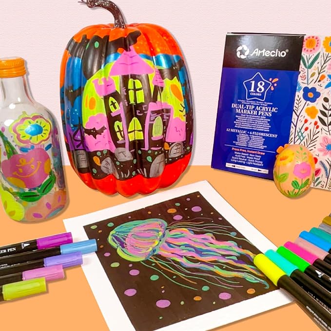 Artecho Acrylic Paint Markers 6 Fluorescent + 12 Metallic Colors, for Stone, Rock Painting, Paper, Pumpkin, Wood, Egg, Canvas, Ceramic, Fabric, leather, Glass, DIY Crafts