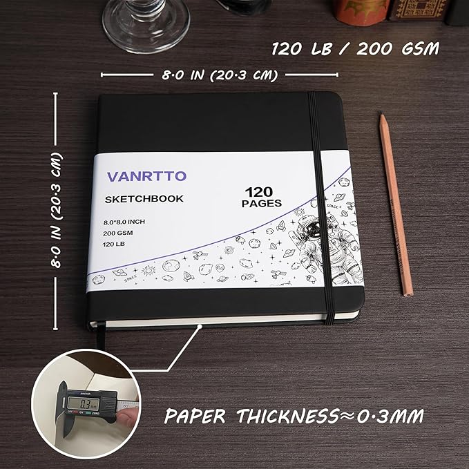 Hardcover Square Sketch Book, 120lb/200GSM Sketchbook Thick Drawing Paper for Marker Watercolor Pencil Mixed Media, Premium Drawing Notebook, Art Journal, 60 Sheets/120 Pages 8x8 Inch Sketch Pad