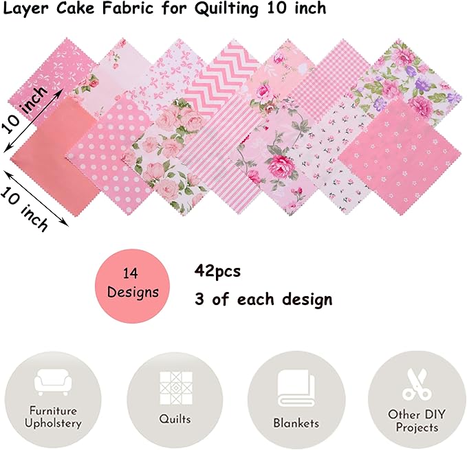 42Pcs 10" Layer Cakes, Pre-Cut 10x10 Fabric Quilt Squares Bundles for Sewing Patchwork, Quilting Supplies, Layer Cake Fabric for Quilting 10 inch - Pink