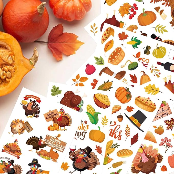 32 Sheets Thanksgiving Stickers, Fall Autumn Sticker Turkey Fall Harvest Food Pumpkin Maple Leaves Stickers, Thanksgiving Party Favors Supplies
