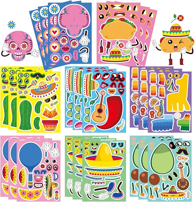 24 PCS Mexican Fiesta Stickers, Make Your Own Mexican Carnival Stickers, Make a Face Stickers for Kids, Cinco De Mayo Tacos Cactus Guitar Sticker for Mexican Carnival Themed Birthday Party Supplies