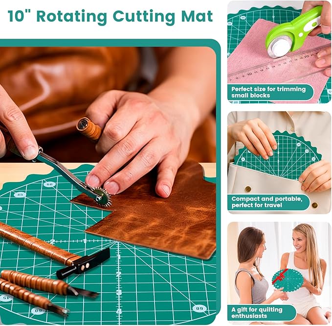 10" Rotating Quilt Cutting Mat, 360° Round Small Self Healing Rotating Mat with Non-Slip Base &Scalloped Edge, Sewing Board Cutting Mat for Quilting Fabric Leather English Paper Patchwork &Art Project