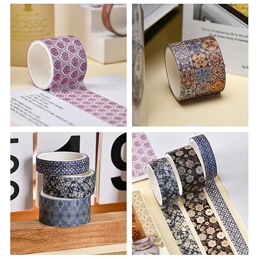 12 Rolls Exotic Charm Washi Tape Set Floral Arts Adhesive Tapes Geometric Garden Decorative Masking Tape Sets for Craft, Kids, Scrapbook, DIY, Gift Wrapping (Inked Gold)