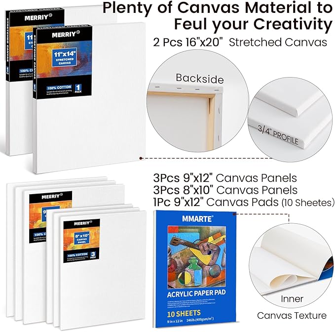 MERRIY 80-Piece Acrylic Paint Set, Artist Painting Supplies Kit with Tabletop Sketch Box Easel, 48 Colors Acrylic Paints,11"x 14"Stretched Canvas &More, Premium Acrylic Painting Set for Adults