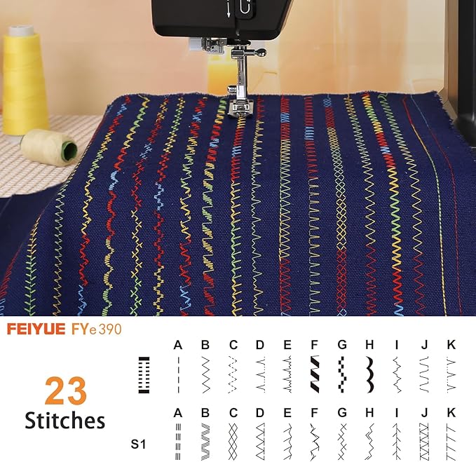 FEIYUE FYe390 Sewing Machine, Energy Saving Servo Motor, Heavy Duty & Portable, 23 Built-in Stitches, Multiple Needle Positions, 6 Bobbins & 5 Included Sewing Feet