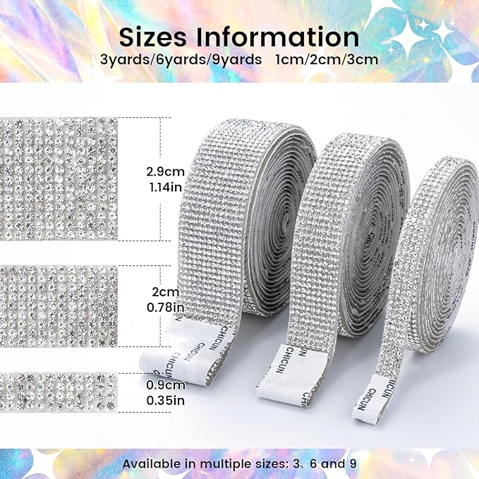 Novani Self Adhesive Rhinestone Ribbon, 0.35 Inch Wide 6 Yards 1 Roll, Silver Crystal Diamond Bling Strips for DIY Crafts, Home Decor, Glitter Glass Rhinestones Tape for Crafting, Car Decoration