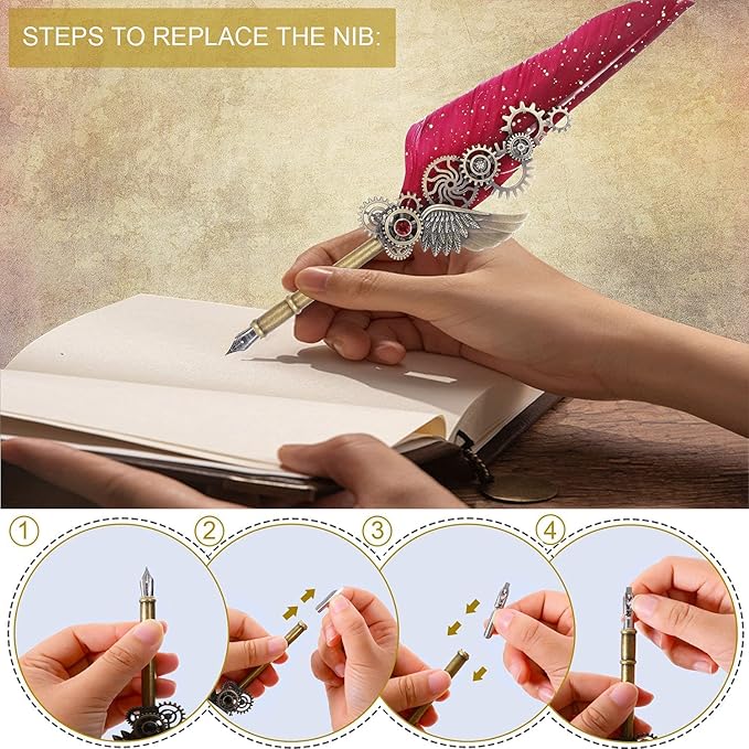 NC Feather Calligraphy Set, Quill Pen Ink Set Includes 5 Bottles of Ink and 6 Replaceable Stainless Steel Nibs, Calligraphy Pen for Writing, Writing Letters, Signing Invitations Etc (Red)