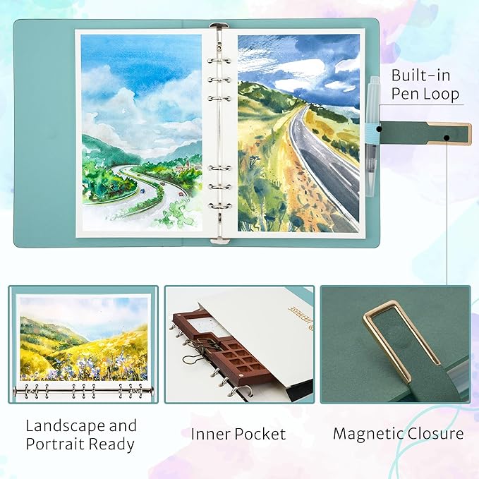 Vienrose 9" x 7" 3 Ring Watercolor Sketchbook, Faux Leather Cover Professional Art Journal with Detachable 24 Sheets 48 Pages, Ideal for Water Coloring, Sketching, Painting, Turquoise
