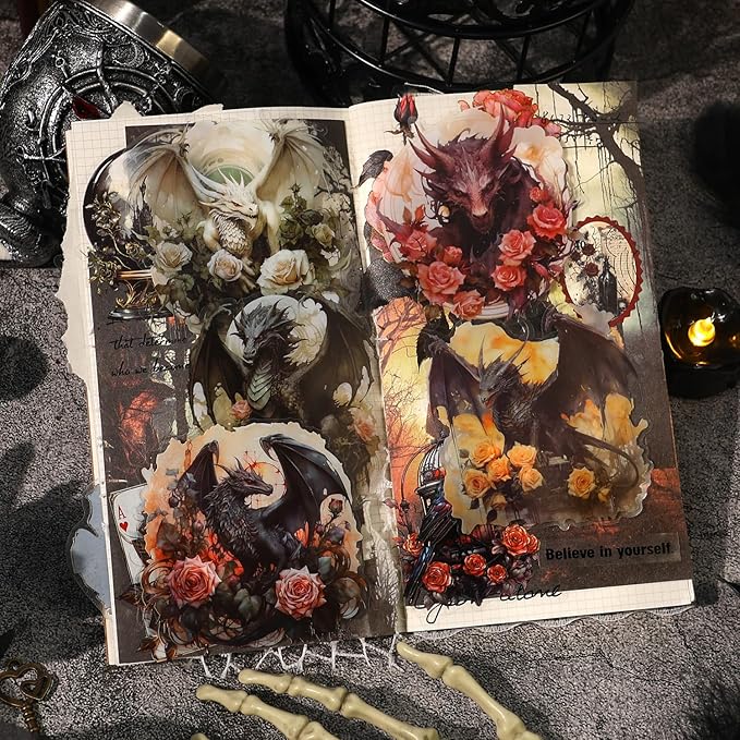 80 Pcs Gothic Aesthetic Dragon Rose Stickers for Scrapbooking – Large Dark Fantasy Vintage Mythical Creature Clear Decals for Journals, Planners, Goth Crafts