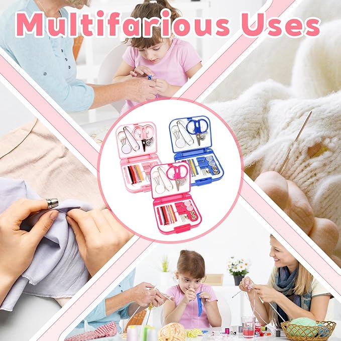 3 Pcs Mini Travel Emergency Sewing Kit – Portable Plastic Box Set with Threads,Needles,Scissors & Threader,Beginner-Friendly for Adults,Women,Mom,Traveler (Pink,Blue,Fuchsia)