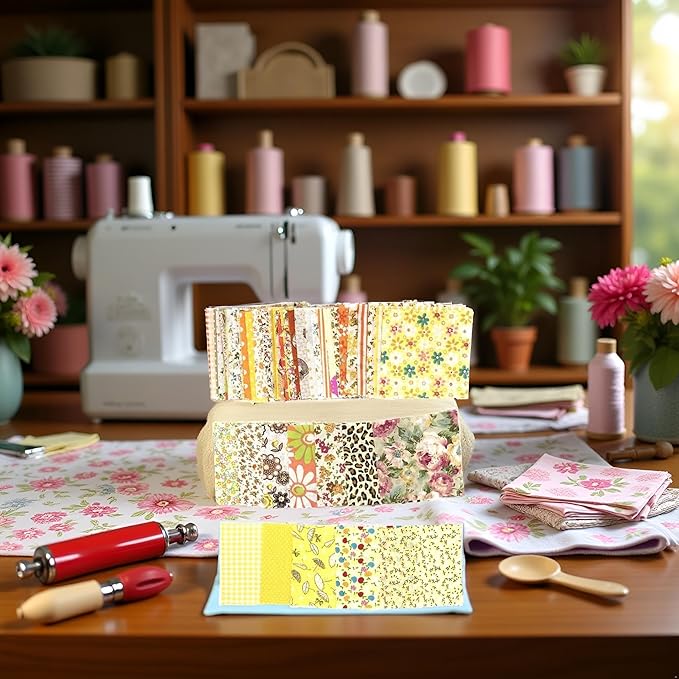 50Pcs 4" x 4" Cotton Craft Fabric Vintage Cotton Fabric Bundle Printed Floral Patchwork Plain Cloth Floral Precut Fabrics for DIY Art Sewing Quilting Scrapbooking (Yellow)