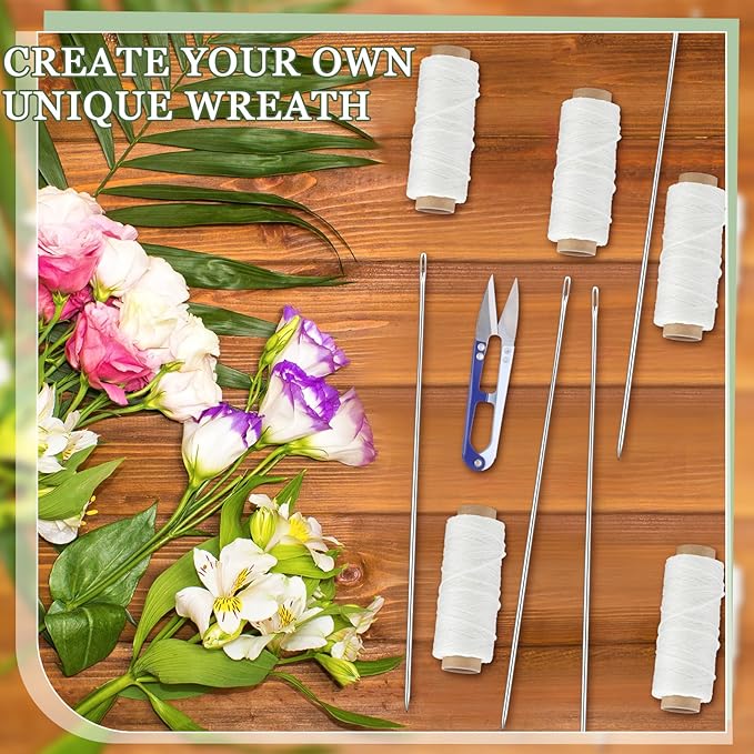 Leriton 13 Pcs Lei Needle Kit Include 6 Pcs Stainless Steel Long Needle 6 Twine 1 Sewing Scissors for DIY Marigold Garland Hawaiian Flowers Bead Stitch Craft(14'',Novel Style)
