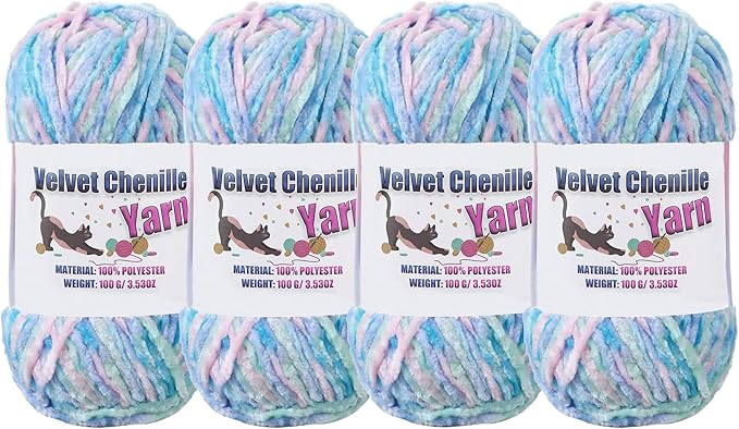 4 * 100g Fluffy Velvet Chenille Yarn for Crocheting and Knitting, Handcrafts Weaving Soft Chenille Yarn for Crocheting Clearance, Used for Making Baby Yarn Blanket, Clothes, DIY Craft (Candy Color)