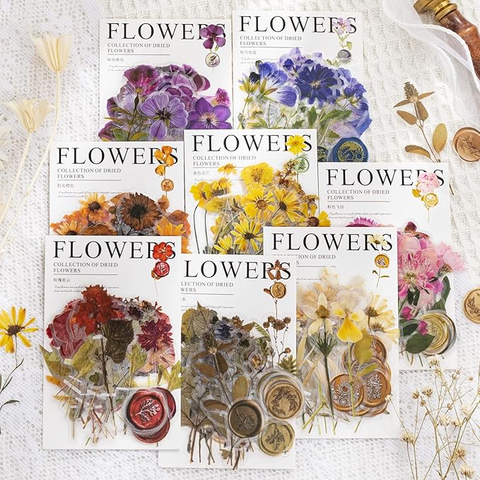 Yoksas Pressed Flower Wax Seal Stickers Set - 320Pcs Dried Flowers Plant Stickers for Junk Journaling,Scrapbook,Planner,Resin Art