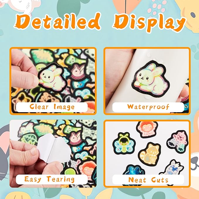 70 Pcs Cartoon Animal Water Bottle Stickers for Kids, Cute Neon Vinyl Laptop Decals, Teens Girls Boys Adults Phone Case Skateboard Luggage Decor