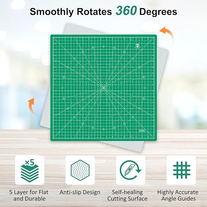 Headley Tools 17"x17" Rotating Cutting Mat, Self Healing Mat with 360-Degree Rotation & Anti-Slip Base, Sewing Board Cutting Mat Perfect for Fabric Quilting Leather Hobby Project, Green