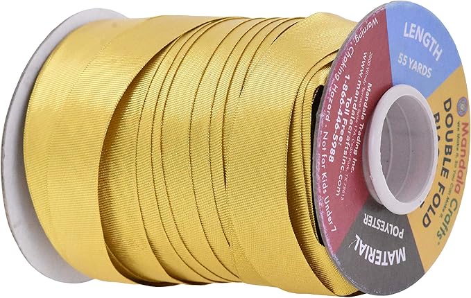 Mandala Crafts 55 Yards 1 Inch Metallic Gold Double Fold Bias Tape for Sewing - Bias Binding Tape for Quilting Binding, Hemming, Seam, and Fabric Piping