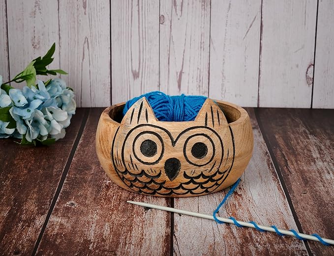Christmas Gifts for Women Wooden Yarn Bowl Knitting Bowl Large Crochet Cat Yarn Holder Handmade Crocheting Accessories and Supplies Organizer 7 x 3 (Owl)