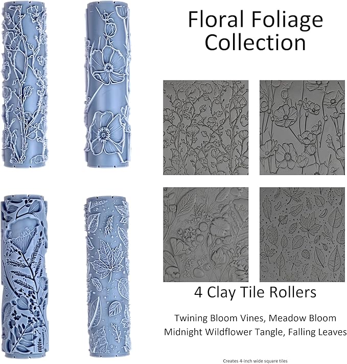 Floral Foliage Collection 4-Pack Clay Texture Rollers (4") - Seamless Meadow Set #01 - Embossing Pattern Rollers for Polymer & Ceramic Clay, Pottery & Crafts