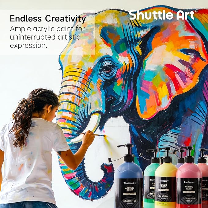 Shuttle Art 15 Colors Acrylic Paint Set, 33.8oz/1000ml Large Capacity Pump Bottles, Rich Pigments, High Coverage Paint, Fast Drying, Non-Toxic, for Canvas Wood Ceramic Rock Painting & DIY Crafts