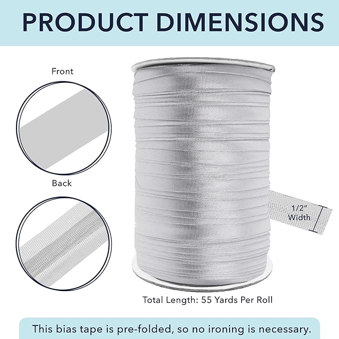 Mandala Crafts 1/2 Inch Single Fold Bias Tape for Sewing, Quilting, Piping, Hemming, Blanket & Quilt Binding – 55 Yards Metallic Silver Fabric Seam Binding Tape