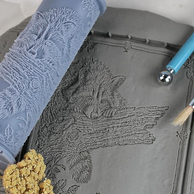 Raccoon Clay Texture Roller (4") - Forest Set #01 - Embossing Pattern Roller for Polymer & Ceramic Clay, Pottery & Crafts