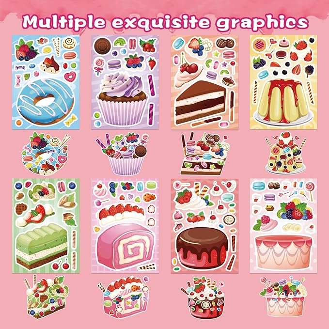 24 Sheets Make a Cake Sticker for Kids, Make Your Own Dessert Mix and Match Stickers with Cupcakes, Puddings, Swiss Rolls, Fruit & Sweets Stickers for Classroom Birthday Parties Supplies Crafts