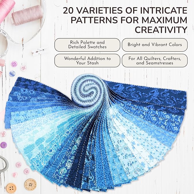 Tinyspool & Co. Quilting Bundle – Eternal Bleu Jelly Roll + 3-Yard Fabric for Each Print: No.9 – Oriental Blue, No.14 – Summer Blue, No.15 – Baby Blue
