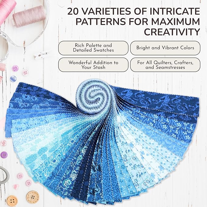Tinyspool & Co. Jelly Roll Fabric Strips for Quilting, Crafting, and Sewing, 40 Strip Assorted Bundle, Soft Cotton for Blanket, Rug, Upholstery, Home Decor, and Purse Making, Eternal Bleu