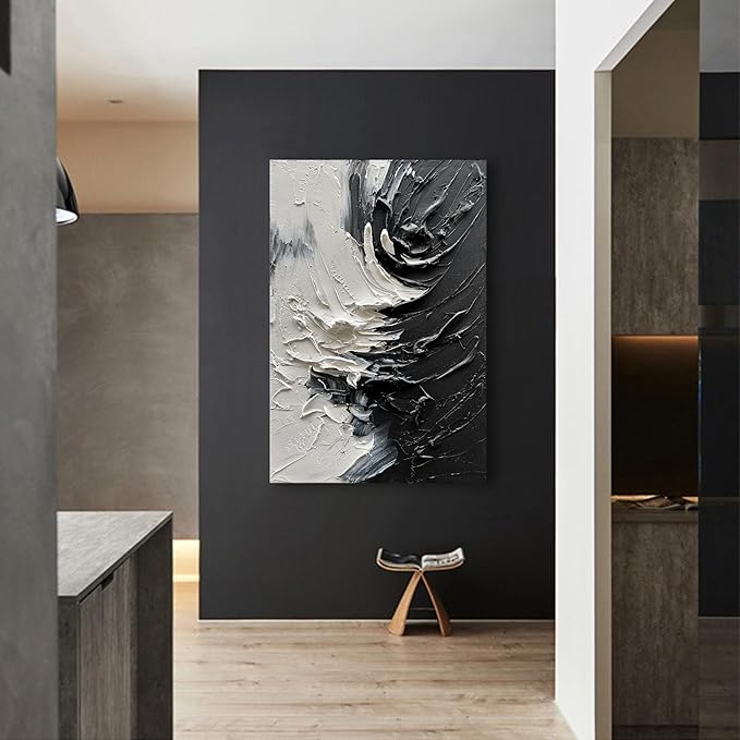 NANKAI Art Hand Drawn Thick Textured Black and White Abstract Art Oil Painting in Modern Minimalist Style, 36x24 inches. Decorative Wall Painting for Home Office or Corridor
