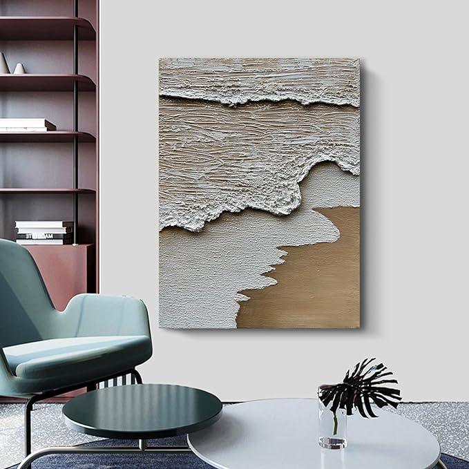 Art Hand Painted 3D Modern Abstract Art Oil Painting White Ocean Wave Landscape Painting 40x28 Inch Home Office Corridor Wall Decoration Art
