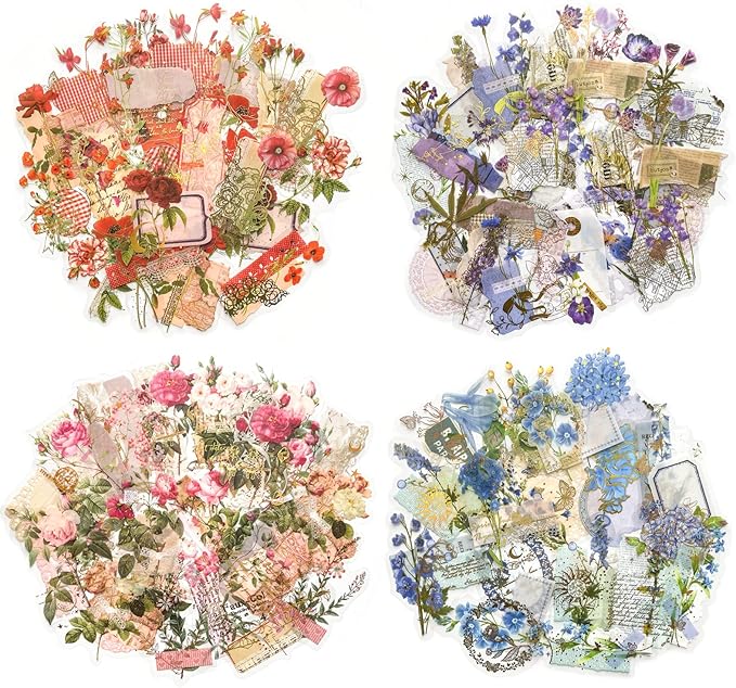 180PCS Gold Foil Vintage Botanical Flower Scrapbook Stickers, Clear Wildflower Sticker Pack for Journaling, Planner, Craft Supplies, Gift Wrapping