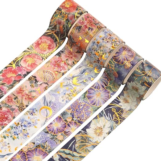 YUBBAEX Blooming Washi Tape Set Gold Foil Masking Tape Peony Wide Decorative for Arts, DIY Crafts, Journal Supplies, Planners, Scrapbook, Card/Gift Wrapping -25mm- (Purple Flowers)