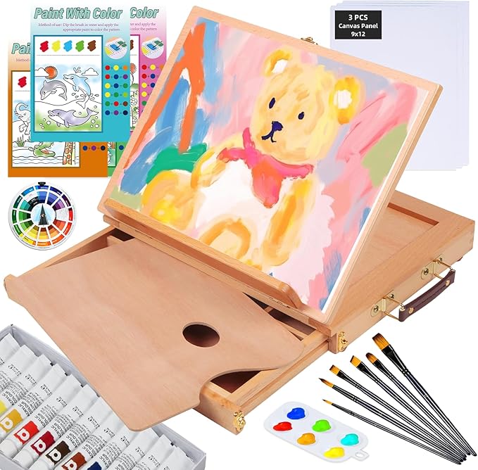 Falling in Art 29 Pcs Acrylic Paint Set with Tabletop Easel, Painting Kit with 12 Acrylic Paints Set, Canvas Panels, Brushes, Wooden Palette for Kids, Adults, Beginners, Professionals, Christmas