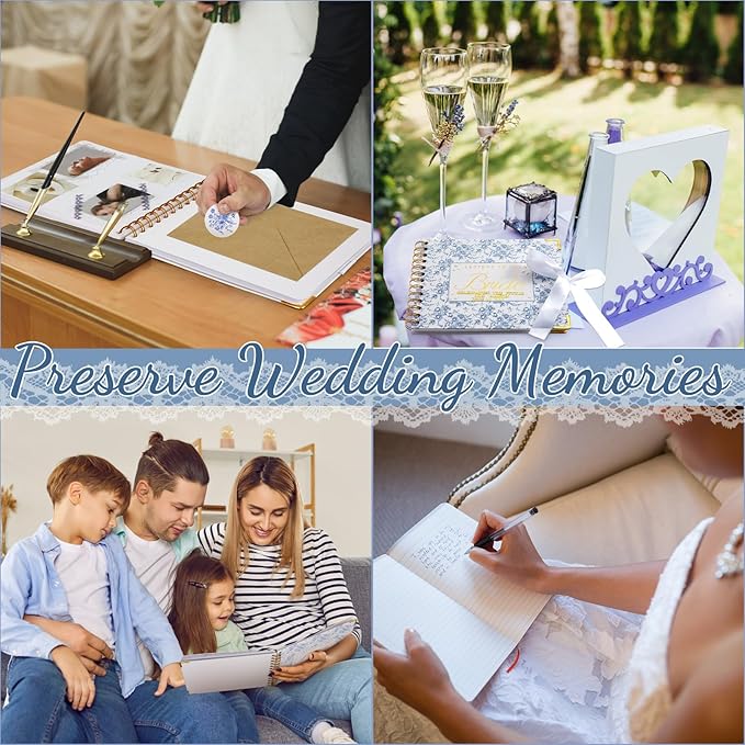 8.5 x 7 Inch Wedding Guest Book Letters to The Bride Scrapbook Wedding Memory Book Bridal DIY Blank Paper Scrapbook Photo Album Guest Sign with Pearl Stickers (157 Pcs,Blue Floral)