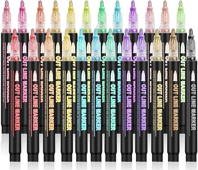 Tommax Double Line Outline Markers 24pcs, Metallic Shimmer Markers for Gift Cards, Rock Painting, Wood, Ceramic, Glass