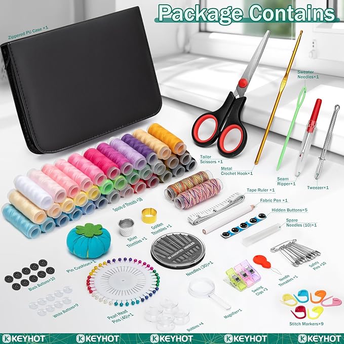 KEYHOT Sewing kit Basic,Needle and Thread Kit,Travel Small Sewing Machine Supplies for Adults Beginners Men, Home Travel Emergency Including Scissors Measure Tape Needle Threader (181pcs)
