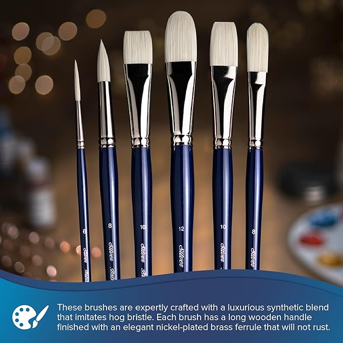 Silver Brush Limited BR-1905S Bristlon Detail Set, Paintbrushes for Oil, Acrylic, and Heavy Body Paints, Set of 5, #0 Script Liner, #2 Round, #4 Bright, XS Triangle, and 3/4" Angle Brush, Short Handle