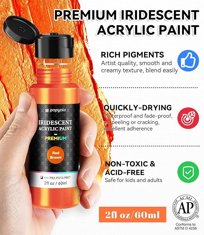 52 PCS Iridescent Acrylic Paint Set with 12 Brushes, 2 Knives & Palette, 36 Colors (2oz/60ml) Art Craft Paint for Adults Kids Artists Beginners, Canvas Ceramic Rocks Wood Painting Kit Art Supplies