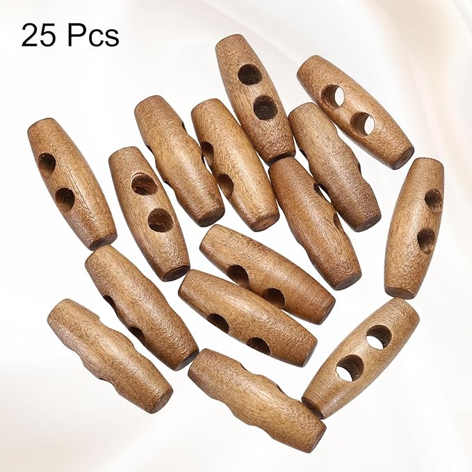 HARFINGTON 25pcs Wooden Toggle Buttons 30mm / 1.2" Double Hole Wood Olive Horn Sewing Buttons for Coat Sweaters Clothing DIY Craft, Light Brown