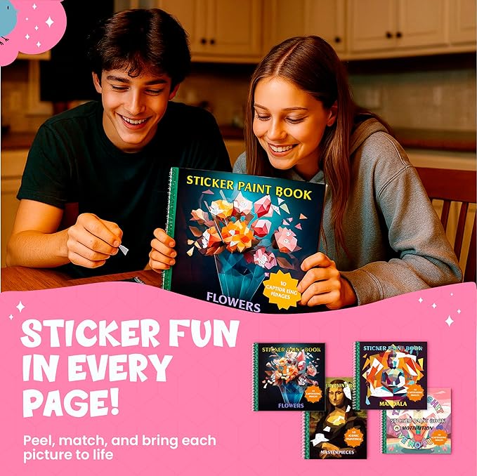 BulbaCraft 4Pcs Sticker Paint Books for Adults - Sticker Books by Number - Coloring Activity for Adults