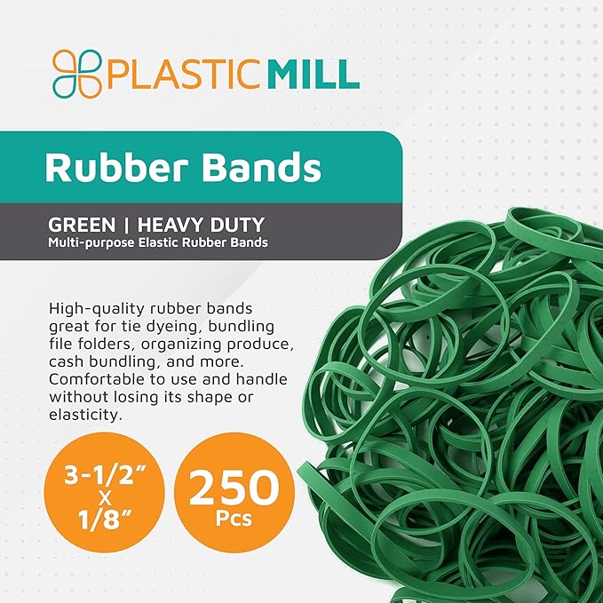 PlasticMill Green Rubber Bands Size 64 (3 1/2" x 1/4") - Colored #64 Rubber Bands Office Supplies - Thick, Elastic Rubber Bands for Tie Dyeing, File Folders, Produce, Cash Bundling (250-Count)