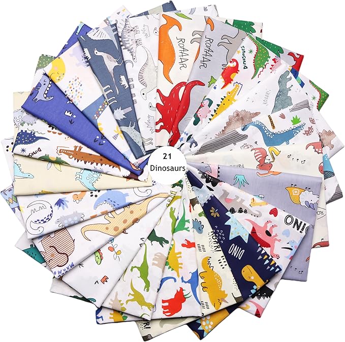 Hanjunzhao 21Pcs Cartoon Dinosaur Fat Quarters Fabric Bundles 18 x 22 Inch, Animal Print Cotton Quilting Fabric Squares for Quilting, Sewing, Blanket, Quilts, Home Decor, and Crafts, Dinosaurs