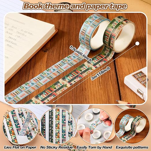 Janlaugh 24 Rolls Book Washi Tape Gifts Bulk Bookcase Vintage Tape Stickers for Journaling DIY Crafting Gift Wrapping Gifts Scrapbook Planner and DIY Decor Book Lovers Women Students Readers Teachers