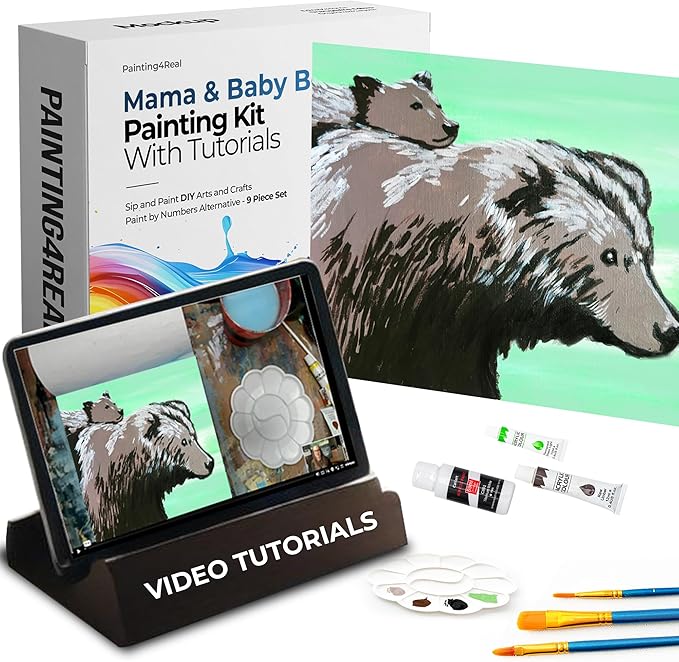DIY Art Painting Kit for Adults – Learn to Paint Mama & Baby Bear with Video Tutorials – 9 Pieces Acrylic Paint Set for Adults –Perfect Christmas Crafts & Holiday Gifts for Art Lovers