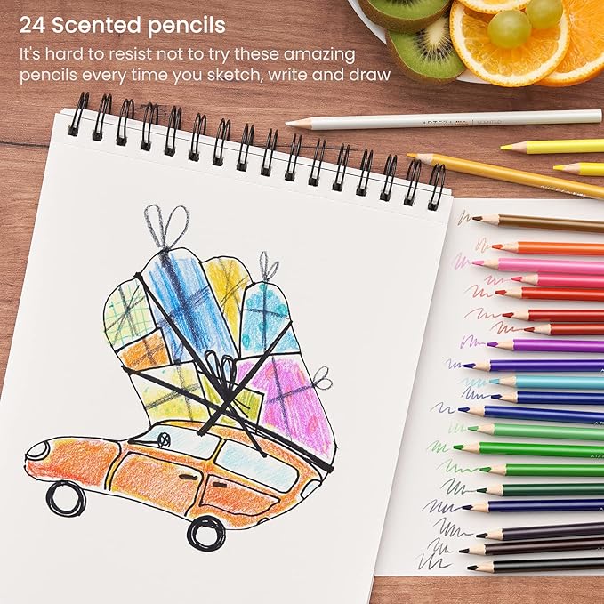 ARTEZA Scented Colored Pencils for Kids, 24 Triangle Pre-Sharpened Non-Toxic Smelly Pencils, for School Drawing, Arts & Crafts